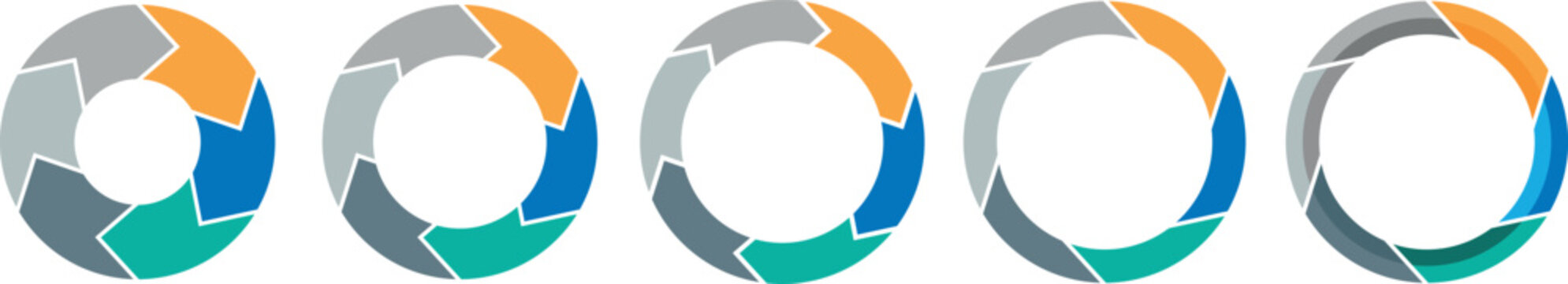 Abstract colorful circle arrow chart set. Rotating arrow and spinning loading arrows, repeating circle. Business strategy workflow process infographic elements, circular statistics diagram background.