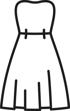 Women strapless midi sleeveless dress with belt isolated outline icon. Vector woman casual style wear, elegant mini pouf dress. Female fashion cloth sketch, vogue bridal clothing, trendy wear model