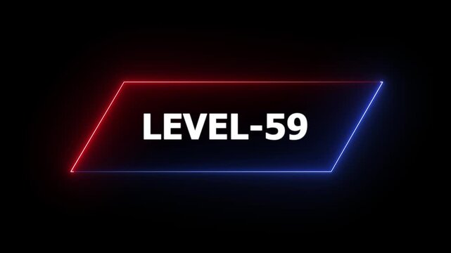 Glowing neon Level-59 text animation on black background. Game concept next level. Level Up text in the neon frame . Neon level up text animation .4k motion video.