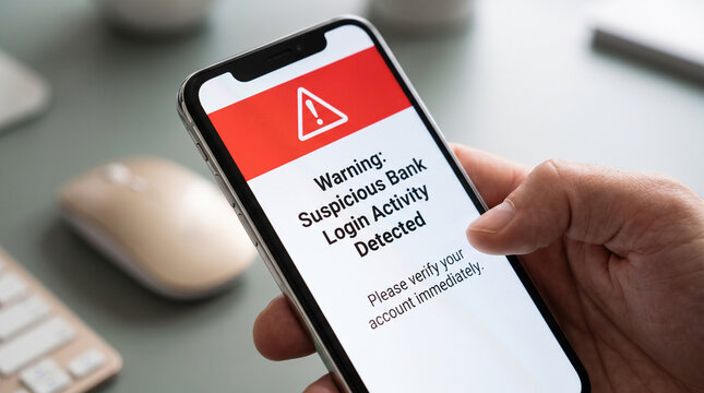 Smartphone screen displaying critical security alert about suspicious bank login activity in high definition close up