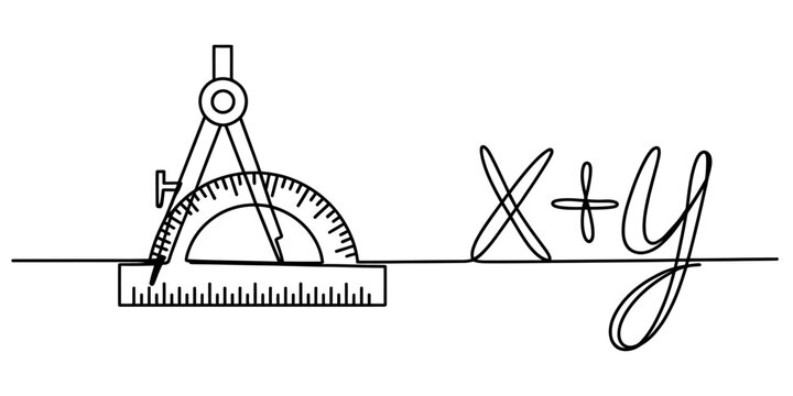 Mathematical compass protractor and algebra equation written in a single continuous line style for school and education design projects Vector, illustration