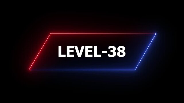 Glowing neon Level-38 text animation on black background. Game concept next level. Level Up text in the neon frame . Neon level up text animation .4k motion video.