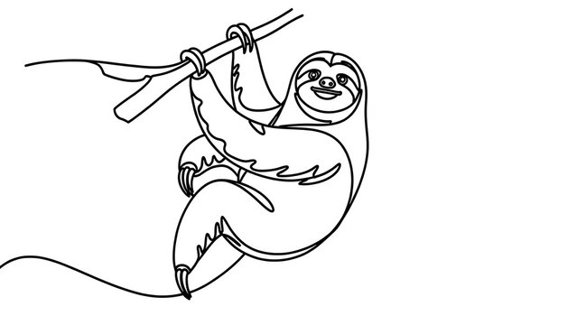 Sloth hanging from branch white background.