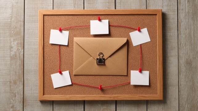 Corkboard with blank notes connected by red string and an envelope with a lock. Investigation and mystery.