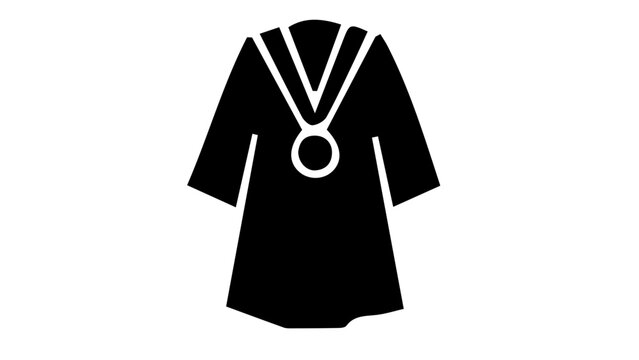 Academic graduation gown with medal icon, black silhouette of university commencement robe, student achievement and ceremony vector illustration