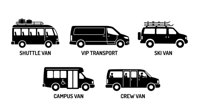 Passenger Transport Vans Vector Icon Set Featuring Shuttle Van, VIP Transport, Ski Van, Campus Van, and Crew Van