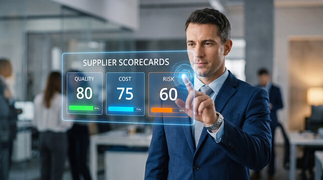 Professional businessman interacting with digital holographic supplier scorecards inside a modern bright corporate office environment