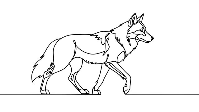 Line art wolf walking on white background.