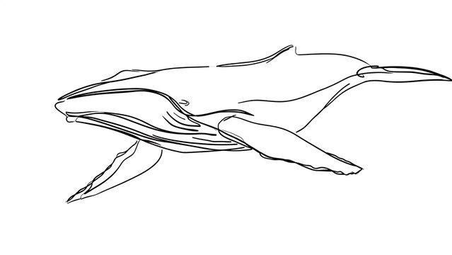 Minimalist whale line art illustration white background.