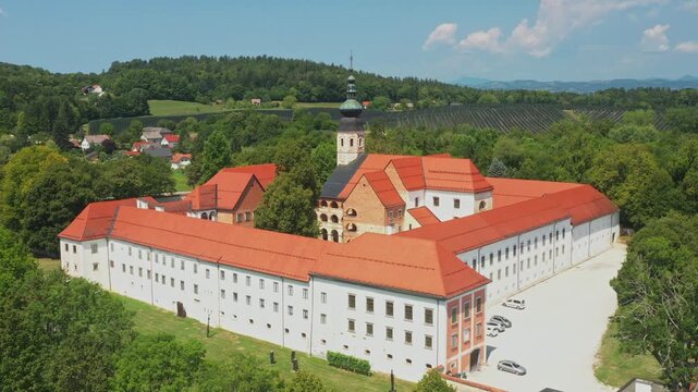 Aerial view of Cistercian monastery in town of Kostanjevica na Krki, Slovenia, Europe