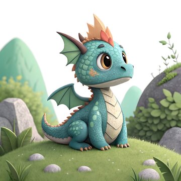 Cute cartoon dragon sitting on green grass with rocks