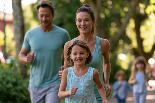 Happy family running together outdoors in park