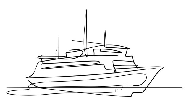 Elegant cruise ship line drawing on white background.