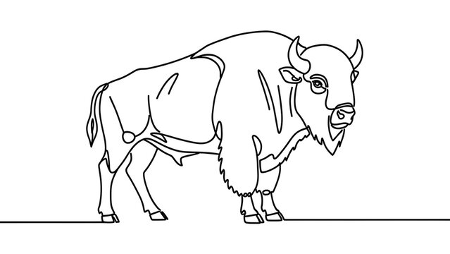 Minimalist bison line drawing white background.