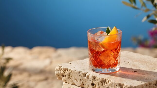 Refreshing Orange Aperitif Cocktail On Stone Terrace Overlooking Sea With Copy Space Background