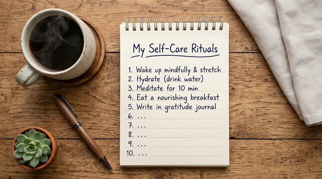 Notebook with a handwritten list of daily self care rituals