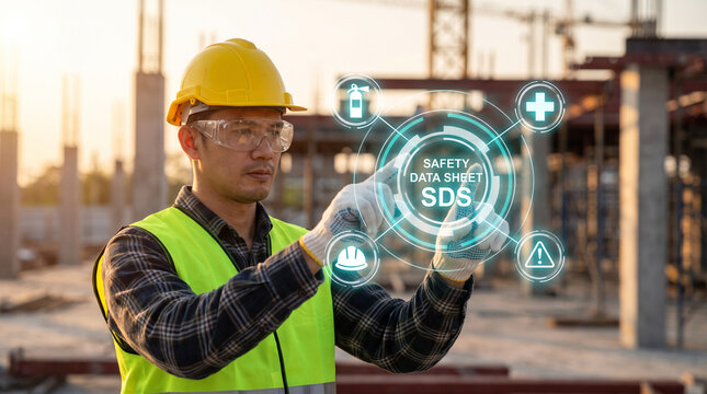 Professional construction worker using digital holographic safety data sheet interface at sunset industrial work site