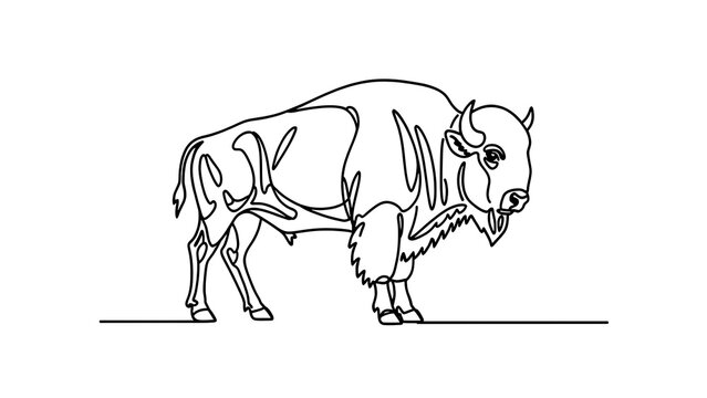 Minimalist bison line art illustration white background.