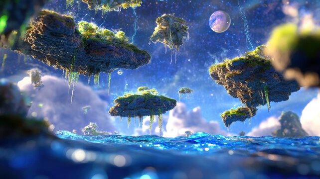 Floating island terrain on a low gravity alien world with surreal landscapes