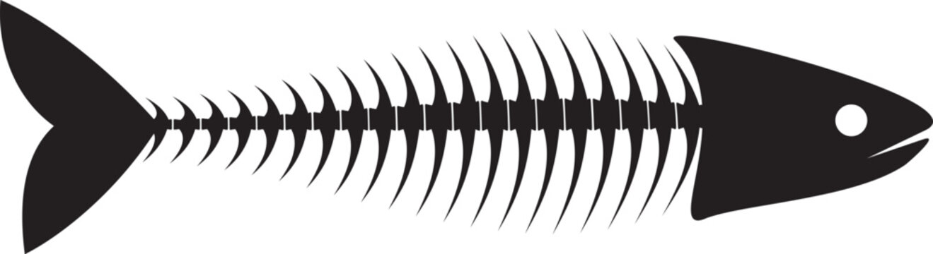 Fishbone silhouette monochrome icon. Pirates adventures sign, seafood and waste pictogram with black fish skeleton, ocean dead animal skull and spine isolated vector symbol