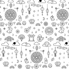 Mid Autumn festival line art doodle vector art hand drawn chinese mooncake and jake rabbit seamless pattern © Ade