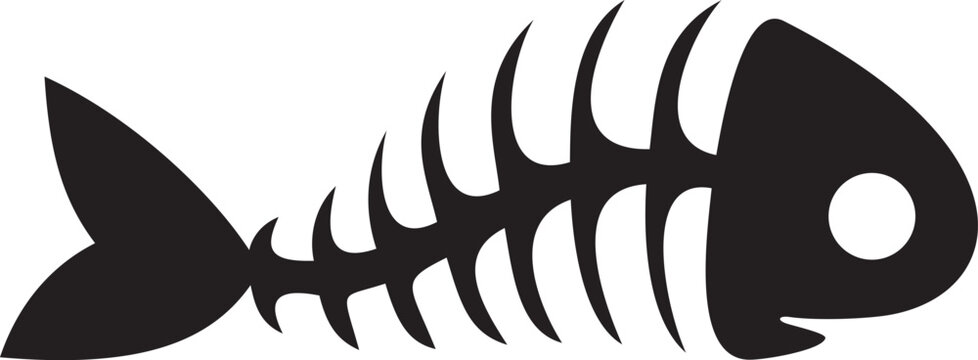 Skeleton of ancient fish isolated ancient fossils underwater animal silhouette. Vector skinned ocean fish under x rays, biology education object. Fish spinal structure, eaten seafood wastes garbage