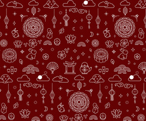 Mid Autumn festival line art doodle vector art hand drawn chinese mooncake jake rabbit seamless pattern © Ade