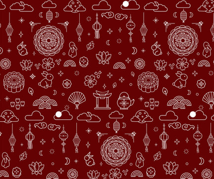 Mid Autumn festival line art doodle vector art hand drawn chinese mooncake jake rabbit seamless pattern