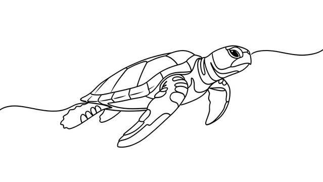 Line art sea turtle swimming white background.