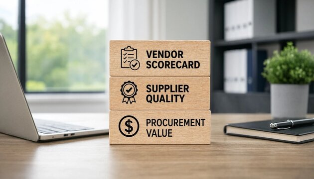 Professional office setup showcasing vendor scorecard blocks emphasizing supplier quality and procurement value on wooden desk