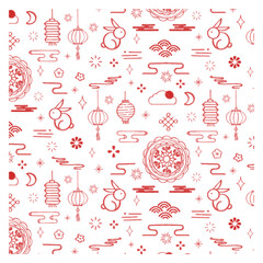 Mid Autumn festival line art doodle vector hand drawn chinese mooncake jake rabbit seamless pattern © Ade