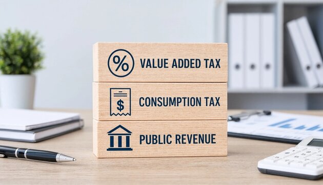 Conceptual blocks illustrating value added tax consumption tax and public revenue on a workspace with office supplies
