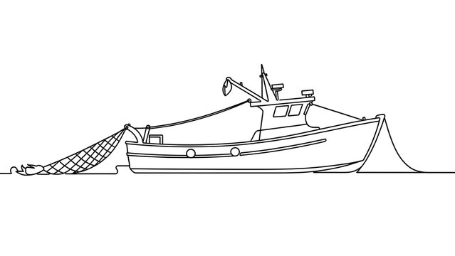 Fishing boat line drawing on white background.
