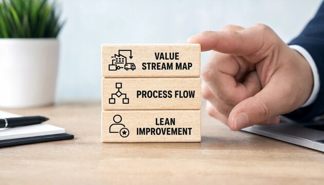 Professional hand pointing at wooden blocks illustrating value stream mapping process flow and lean improvement concepts