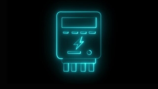 glowing neon electric meter icon isolated Modern electric meter design for digital interface. Energy consumption monitoring for electricity bill, smart home app, on black background.