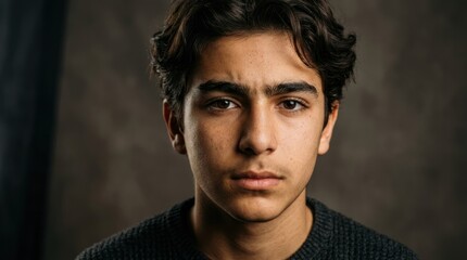 Fototapeta premium A young man with dark hair, wearing a dark sweater, standing against a dark background.