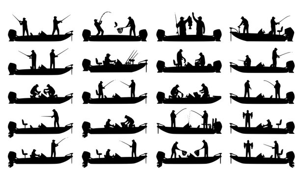 Bass Boat Fishing Silhouette Vector Set with Two Anglers and Sport Fishing Scenes