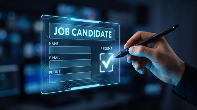 Digital hand interacting with futuristic glowing blue job candidate application interface using advanced stylus pen tool
