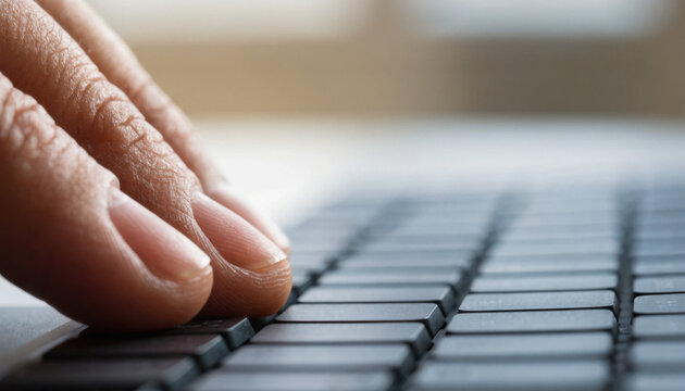 Close-up of fingers typing on a laptop keyboard, highlighting the texture of skin and keys in natural lighting.