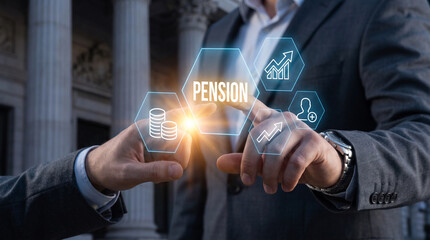 Obraz premium Professional businessman interacting with virtual pension interface buttons using futuristic glowing light neon digital display technology