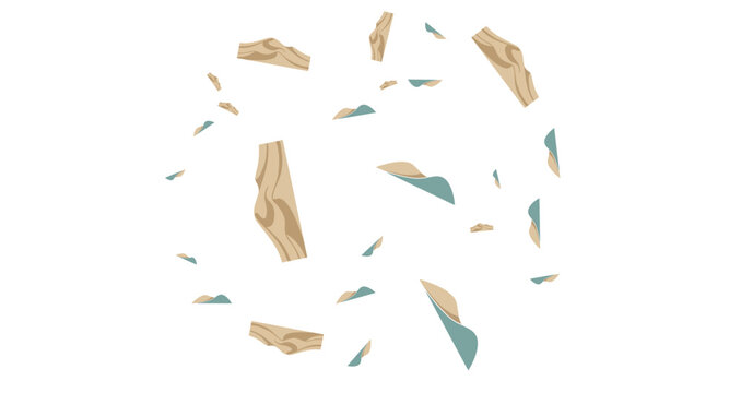abstract scattered wood and paper fragments with blue highlights on white background suitable for design projects
