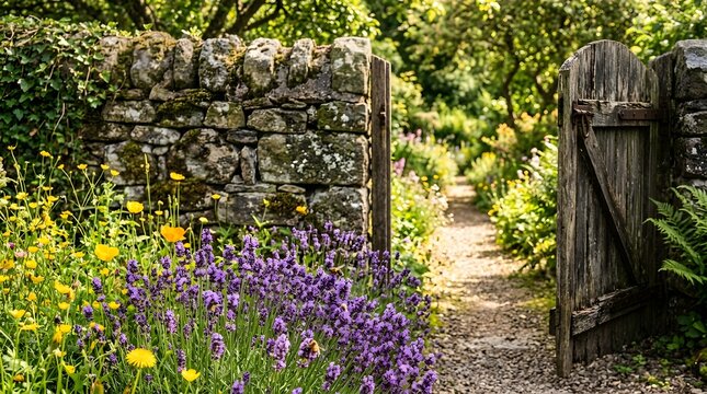 Rustic wooden garden gate entrance opening to gravel pathway with blooming summer flowers.