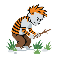 Young boy with orange hair exploring nature and playing with a wooden stick area