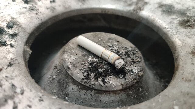 Cigarette Butt Smoldering in Metal Ashtray