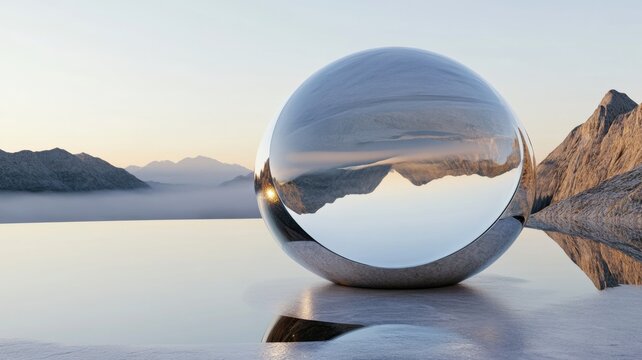 Floating glass dome structure on a tranquil alpine landscape with clear skies