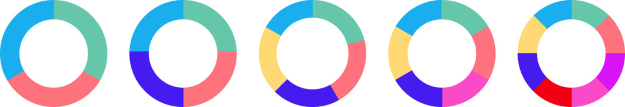 Abstract colorful circle arrow chart set. Spinning loading pie char, repeating circle. Business strategy workflow process infographic elements, circular statistics diagram background.