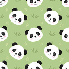 Seamless pattern with a panda head, bamboo, and stars. Vector background. © Anzhela