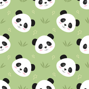 Seamless pattern with a panda head, bamboo, and stars. Vector background.