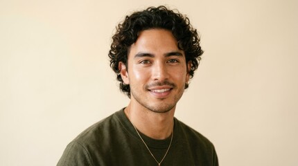 Obraz premium A man with curly hair wearing a green shirt and a gold necklace, standing against a beige background.