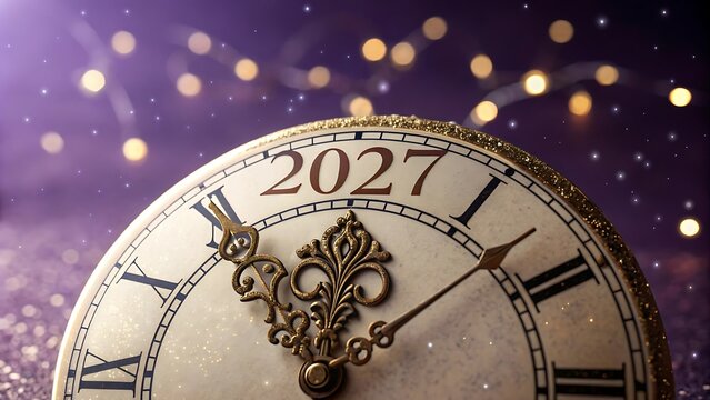 New year 2027 celebration concept with a vintage clock face showing the year 2027, festive golden bokeh lights and sparkles on a dark purple background